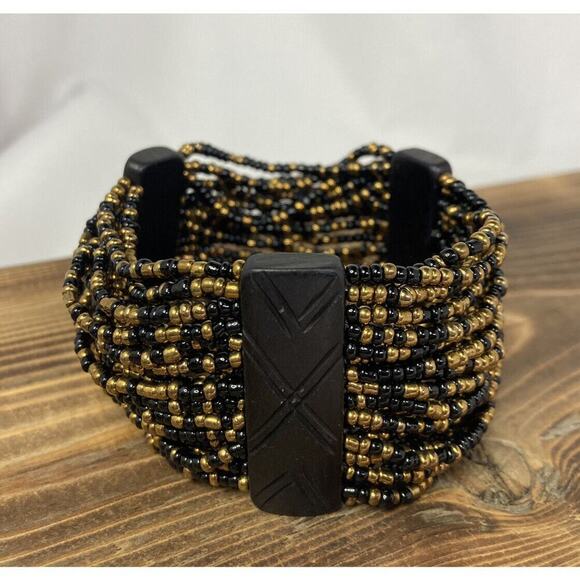 Ethnic Tribal Black & Gold Seed Bead Multistrand Stretch Bracelet 7.5” - Picture 3 of 3